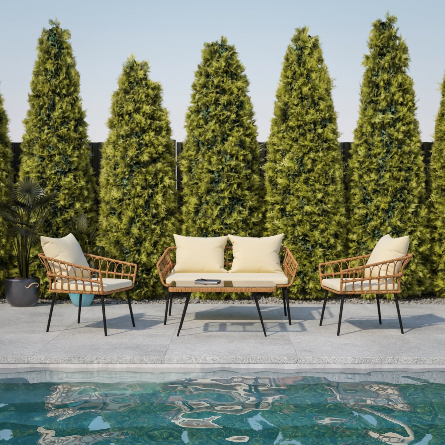 Evin Boho 4 Piece Indoor/Outdoor Rope Rattan Patio Conversation Set with Tempered Glass Top Coffee Table and Cream Cushions, Natural Cream Cushions/Natural Frame