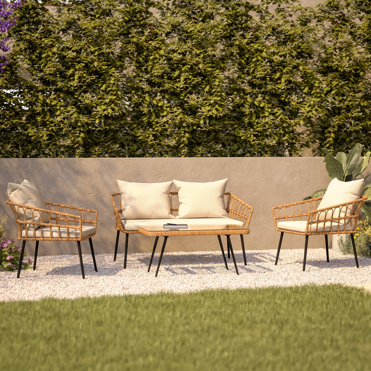 Evin Boho 4 Piece Indoor/Outdoor Rope Rattan Patio Conversation Set with Tempered Glass Top Coffee Table and Cream Cushions, Natural Cream Cushions/Natural Frame