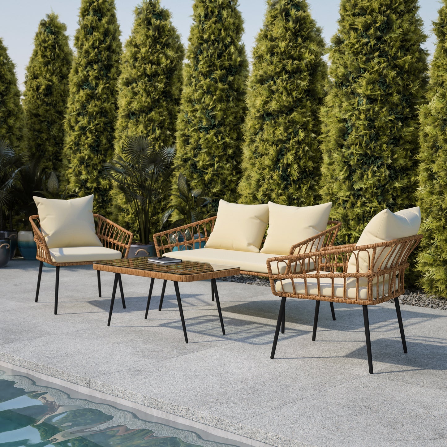 Evin Boho 4 Piece Indoor/Outdoor Rope Rattan Patio Conversation Set with Tempered Glass Top Coffee Table and Cream Cushions, Natural Cream Cushions/Natural Frame