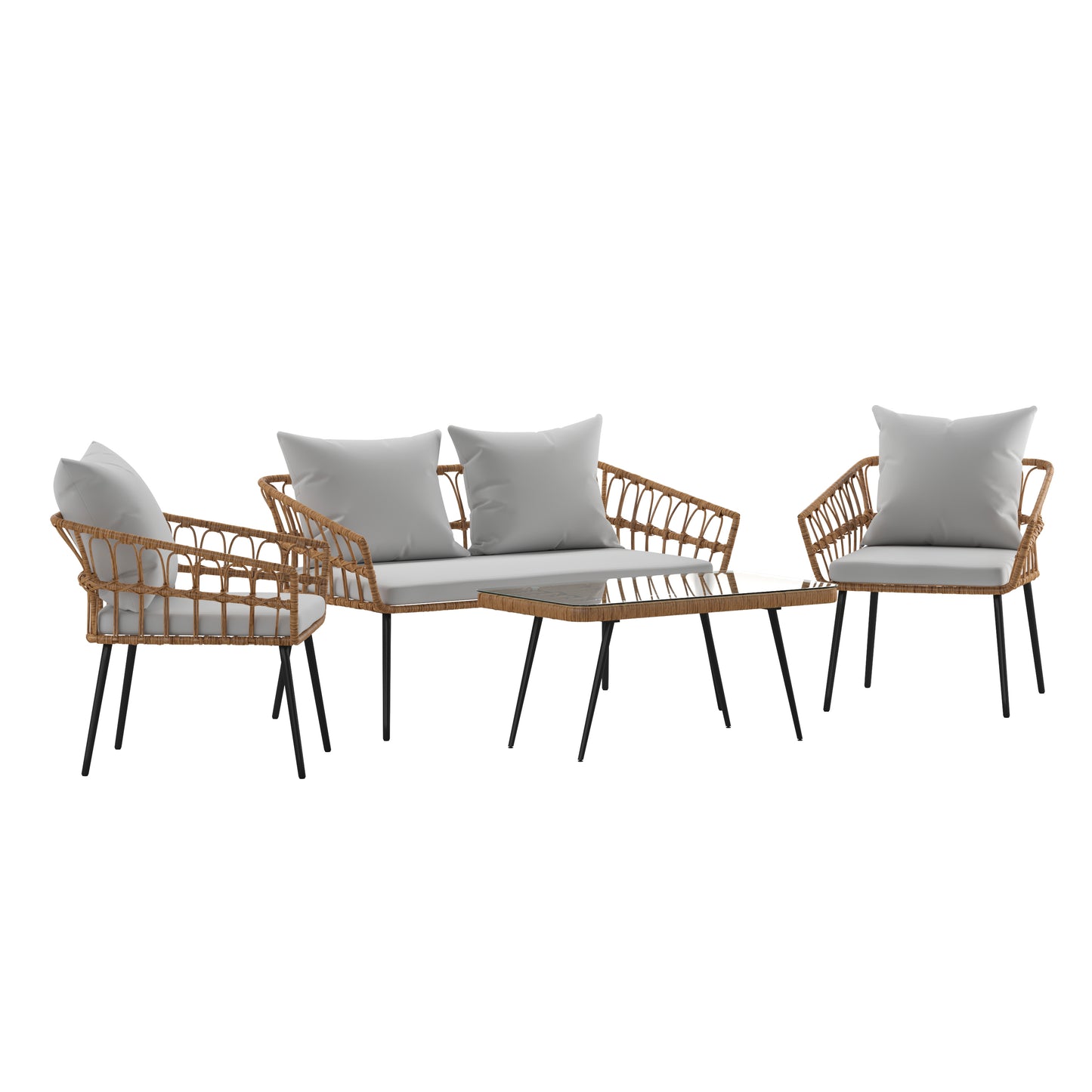 Evin Boho 4 Piece Indoor/Outdoor Rope Rattan Patio Conversation Set with Tempered Glass Top Coffee Table and Gray Cushions, Natural Gray Cushions/Natural Frame