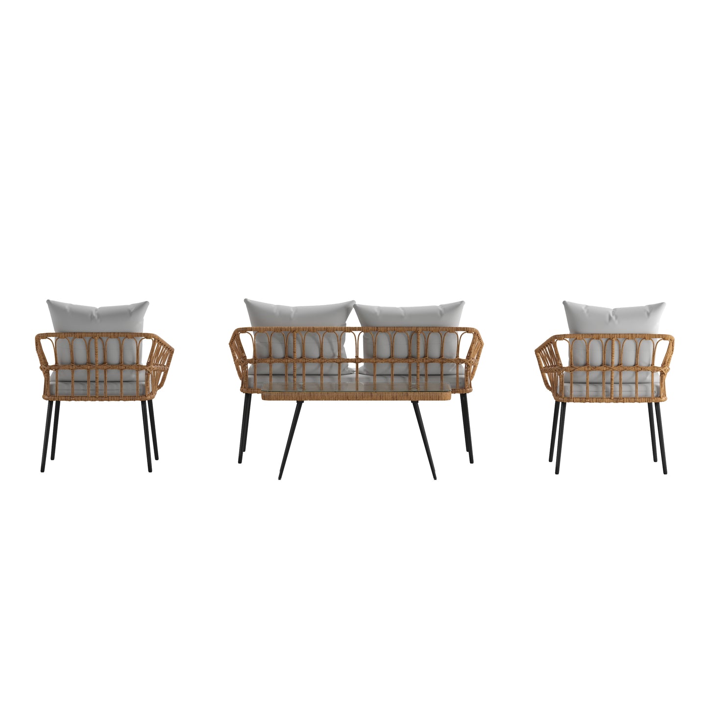 Evin Boho 4 Piece Indoor/Outdoor Rope Rattan Patio Conversation Set with Tempered Glass Top Coffee Table and Gray Cushions, Natural Gray Cushions/Natural Frame