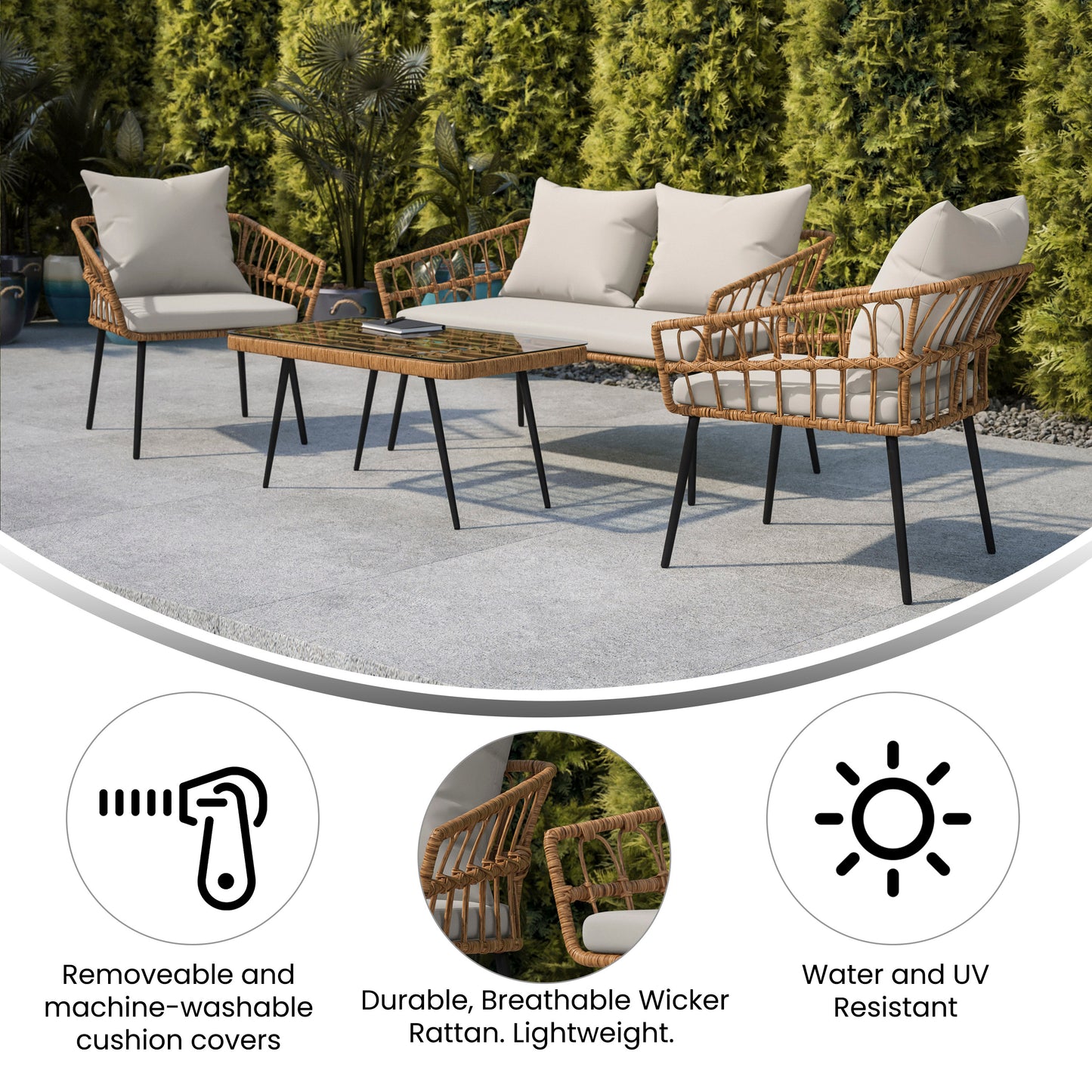 Evin Boho 4 Piece Indoor/Outdoor Rope Rattan Patio Conversation Set with Tempered Glass Top Coffee Table and Gray Cushions, Natural Gray Cushions/Natural Frame