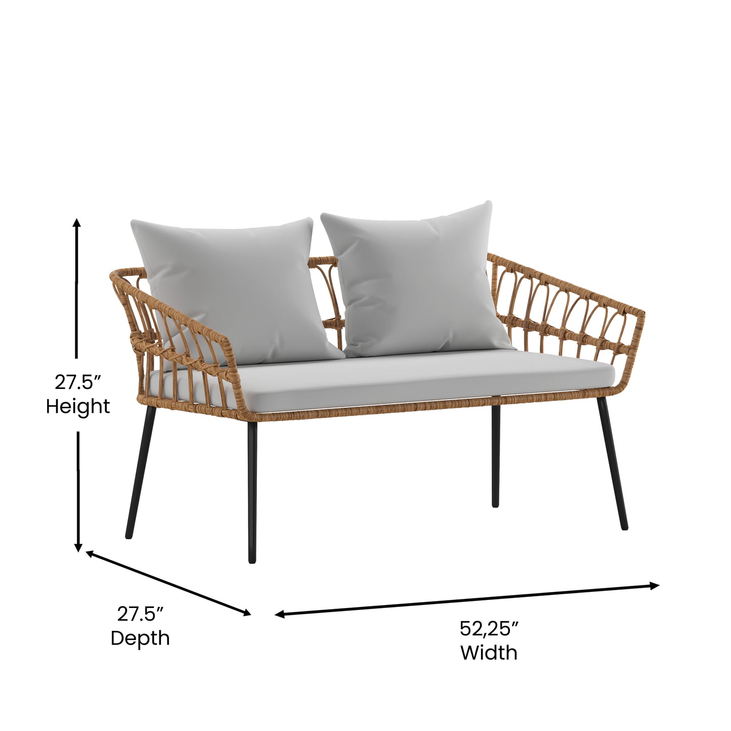 Evin Boho 4 Piece Indoor/Outdoor Rope Rattan Patio Conversation Set with Tempered Glass Top Coffee Table and Gray Cushions, Natural Gray Cushions/Natural Frame