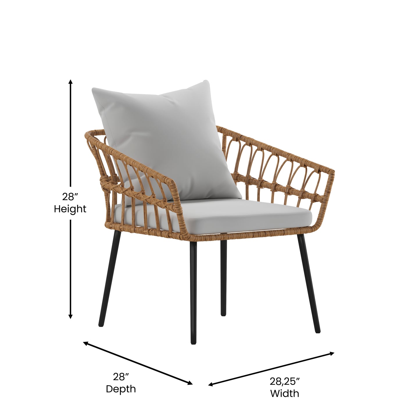 Evin Boho 4 Piece Indoor/Outdoor Rope Rattan Patio Conversation Set with Tempered Glass Top Coffee Table and Gray Cushions, Natural Gray Cushions/Natural Frame