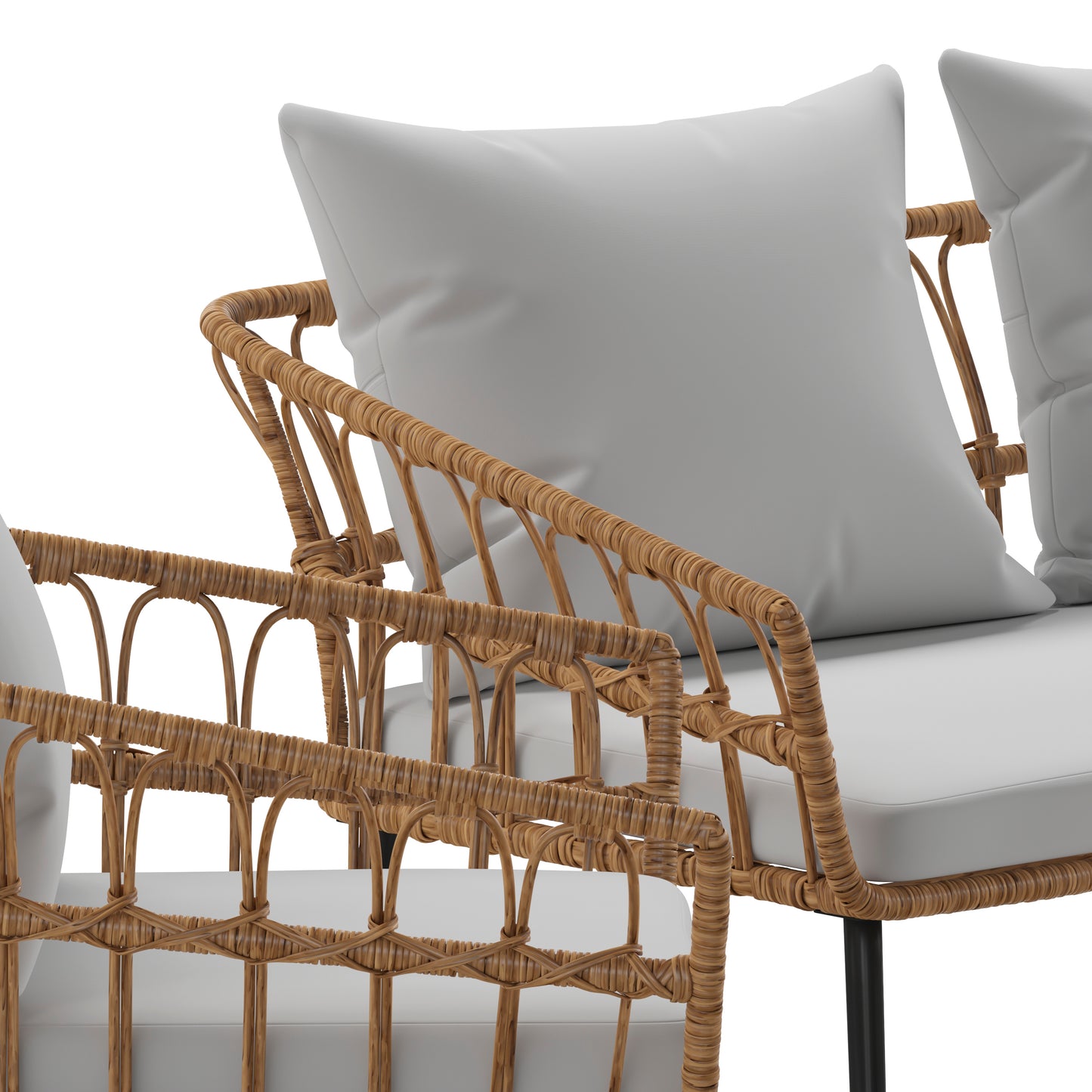 Evin Boho 4 Piece Indoor/Outdoor Rope Rattan Patio Conversation Set with Tempered Glass Top Coffee Table and Gray Cushions, Natural Gray Cushions/Natural Frame