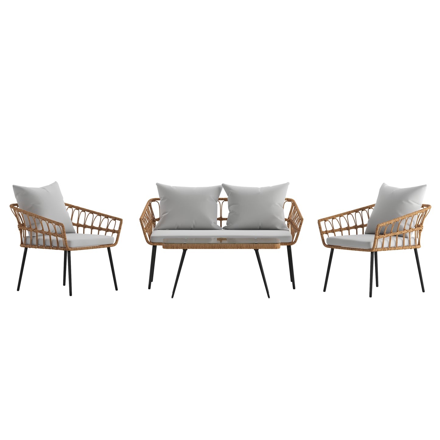 Evin Boho 4 Piece Indoor/Outdoor Rope Rattan Patio Conversation Set with Tempered Glass Top Coffee Table and Gray Cushions, Natural Gray Cushions/Natural Frame