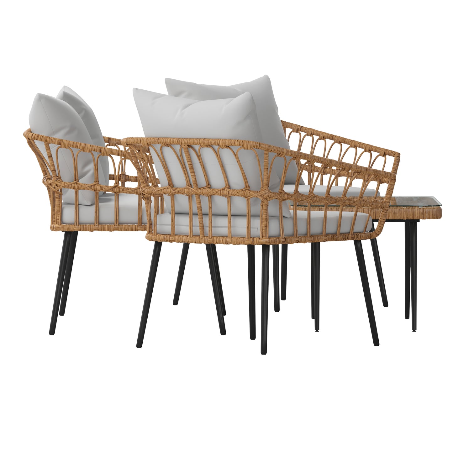 Evin Boho 4 Piece Indoor/Outdoor Rope Rattan Patio Conversation Set with Tempered Glass Top Coffee Table and Gray Cushions, Natural Gray Cushions/Natural Frame
