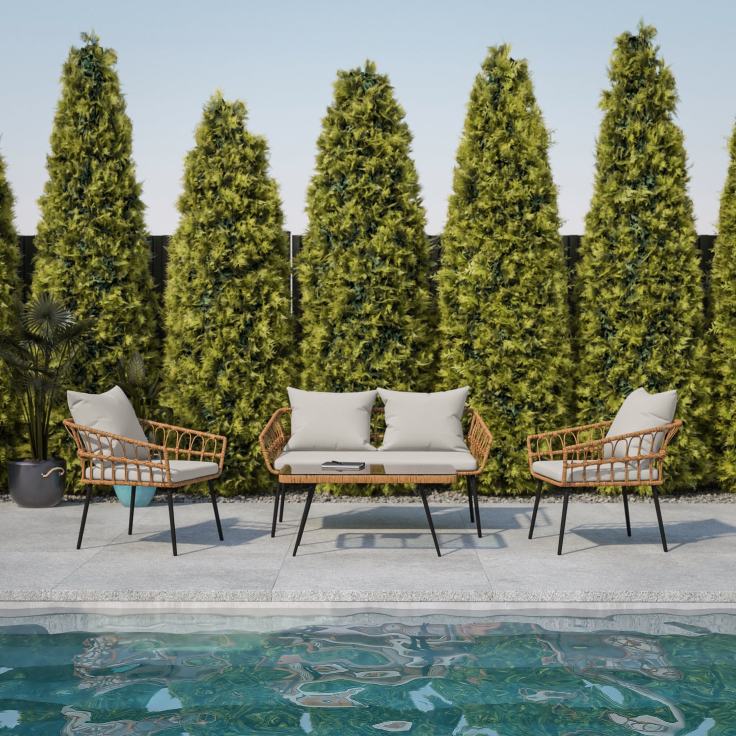 Evin Boho 4 Piece Indoor/Outdoor Rope Rattan Patio Conversation Set with Tempered Glass Top Coffee Table and Gray Cushions, Natural Gray Cushions/Natural Frame