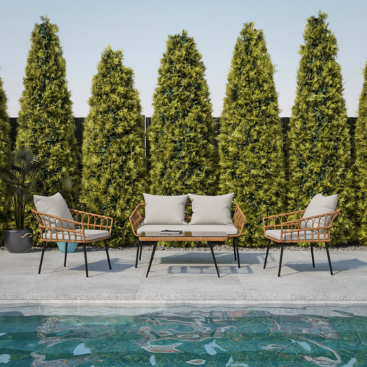 Evin Boho 4 Piece Indoor/Outdoor Rope Rattan Patio Conversation Set with Tempered Glass Top Coffee Table and Gray Cushions, Natural Gray Cushions/Natural Frame SB-1960-GY-GG