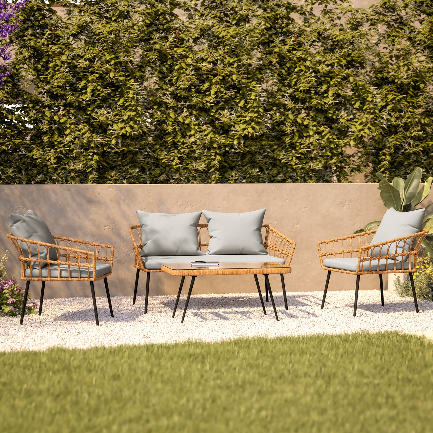 Evin Boho 4 Piece Indoor/Outdoor Rope Rattan Patio Conversation Set with Tempered Glass Top Coffee Table and Gray Cushions, Natural Gray Cushions/Natural Frame