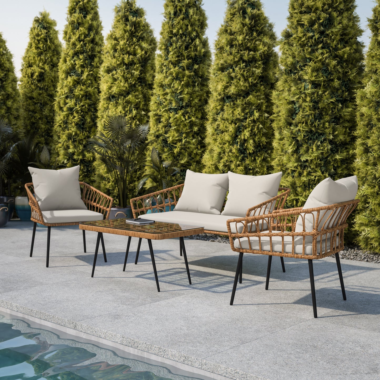 Evin Boho 4 Piece Indoor/Outdoor Rope Rattan Patio Conversation Set with Tempered Glass Top Coffee Table and Gray Cushions, Natural Gray Cushions/Natural Frame