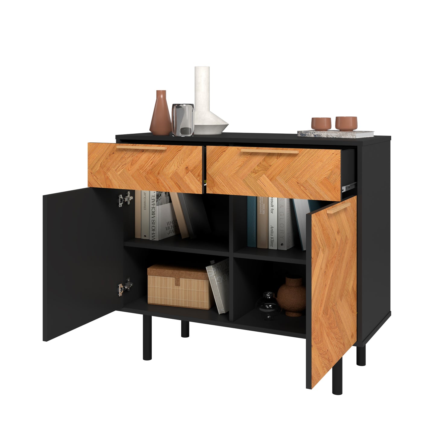 Manhattan Comfort Mid-Century Modern Liam Sideboard with 4 Shelves in Black and Wood SB-311AMC247