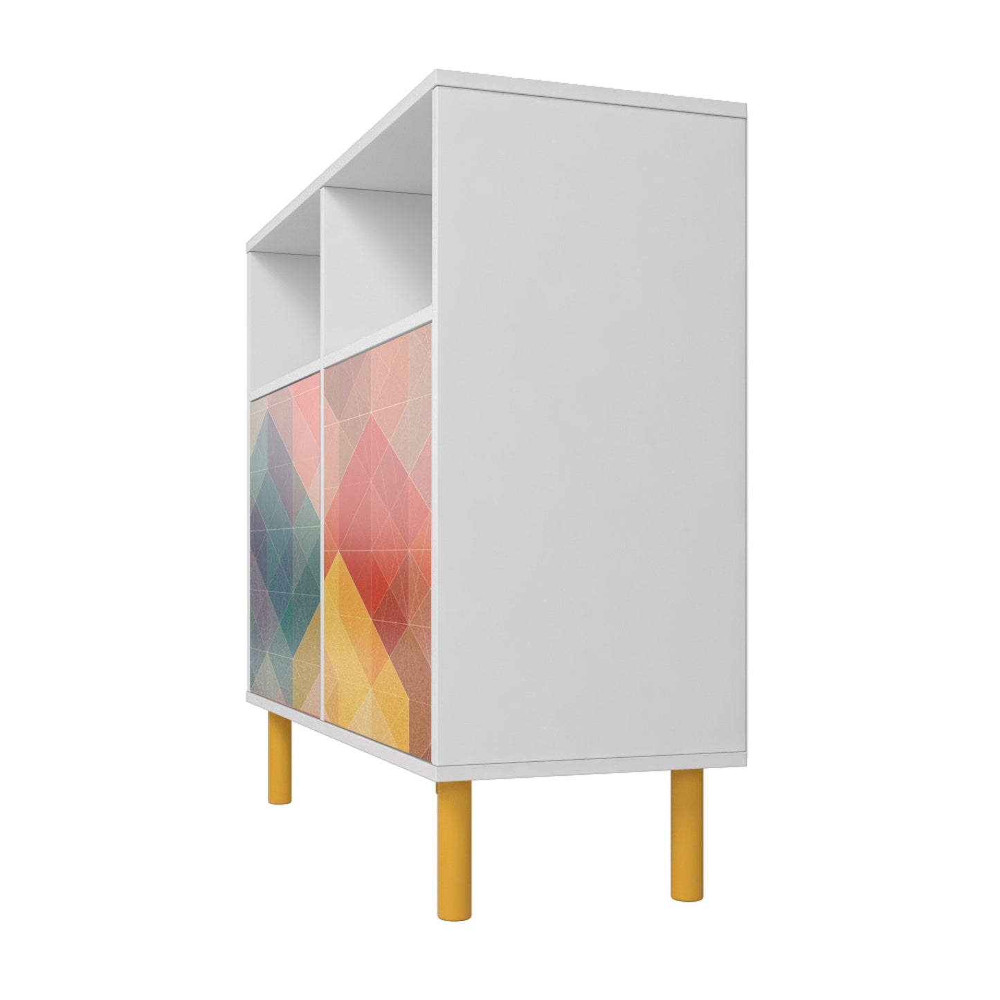 Manhattan Comfort Mid-Century Modern Retro Sideboard with 6 Shelves in White and Multi Color Red, Yellow, Blue Print SB-313AMC132