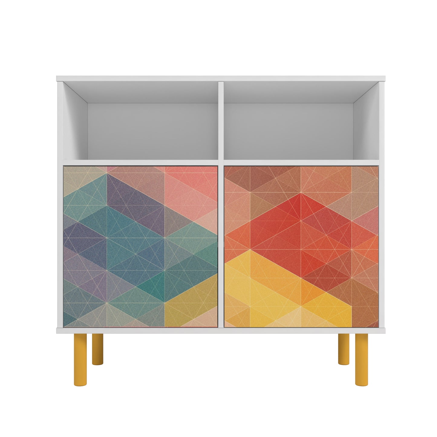 Manhattan Comfort Mid-Century Modern Retro Sideboard with 6 Shelves in White and Multi Color Red, Yellow, Blue Print SB-313AMC132
