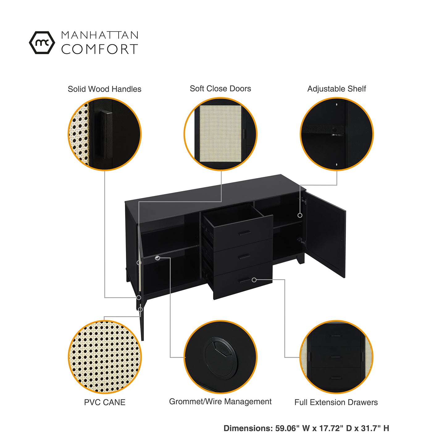 Manhattan Comfort Sheridan 59.05 Modern Cane Sideboard with Adjustable Shelves in Black SB-4GLF-BK