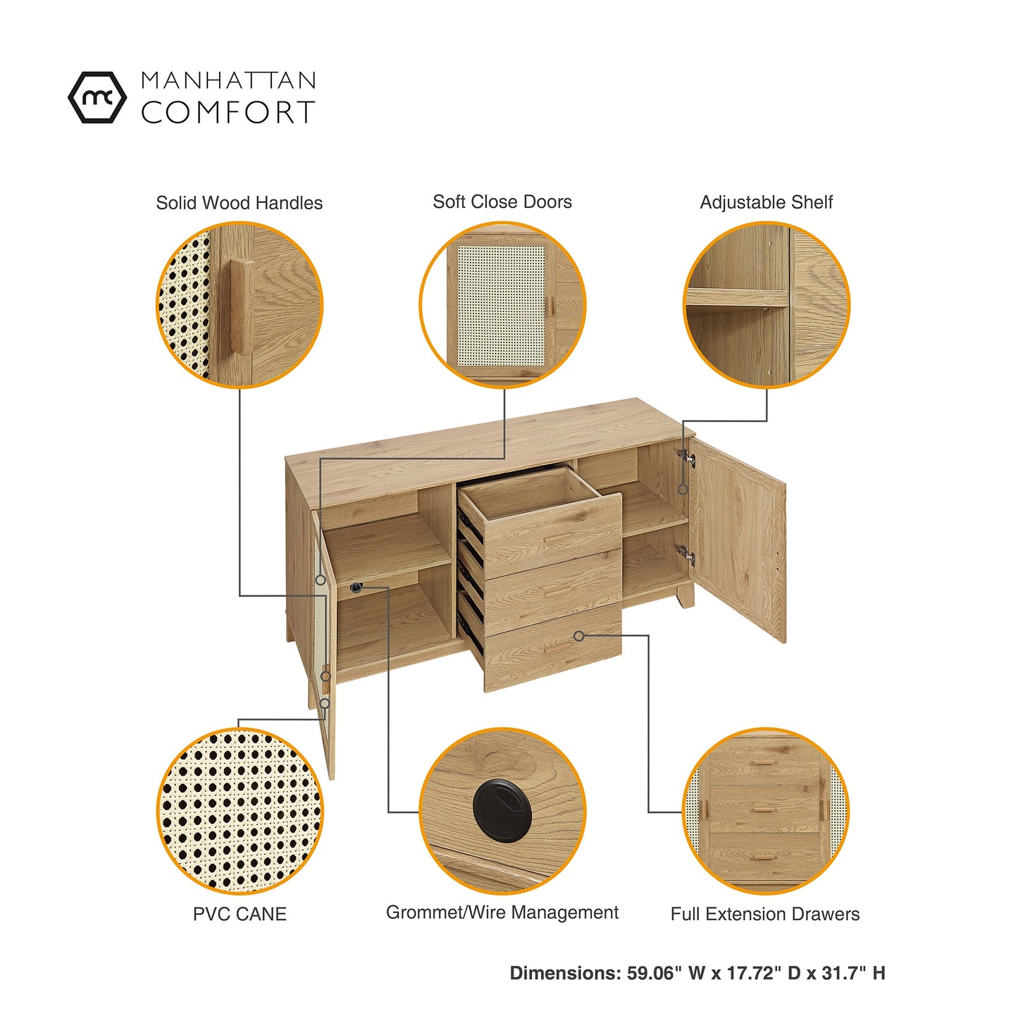 Manhattan Comfort Sheridan 59.05 Modern Cane Sideboard with Adjustable Shelves in Nature SB-4GLF-NA