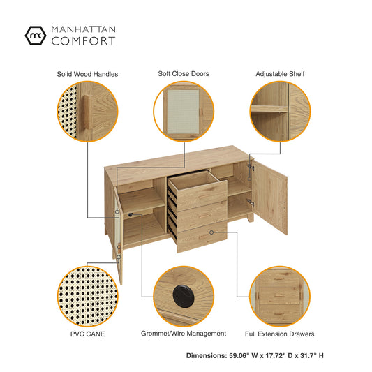 Manhattan Comfort Sheridan 59.05 Modern Cane Sideboard with Adjustable Shelves in Nature SB-4GLF-NA