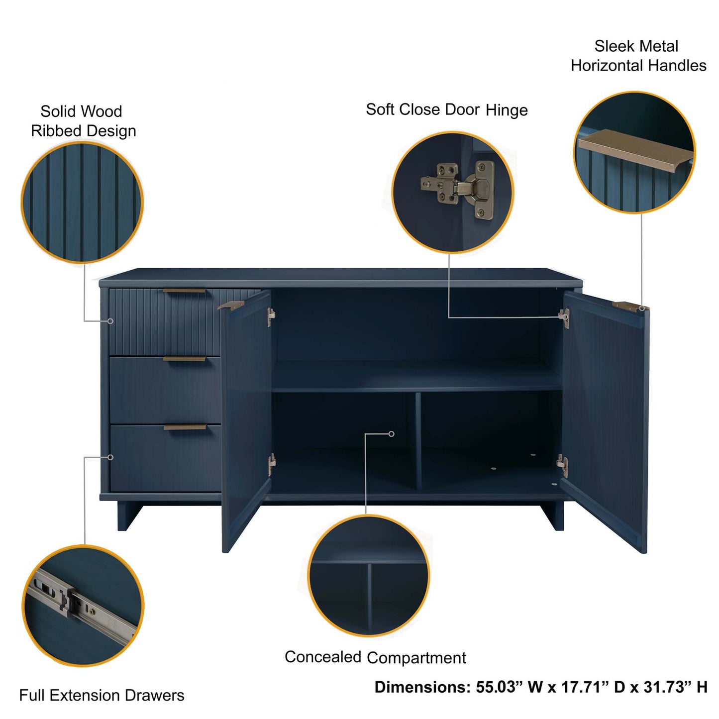 Manhattan Comfort Granville 55.07" Modern Sideboard with 3 Full Extension Drawers in Midnight Blue SB-5004