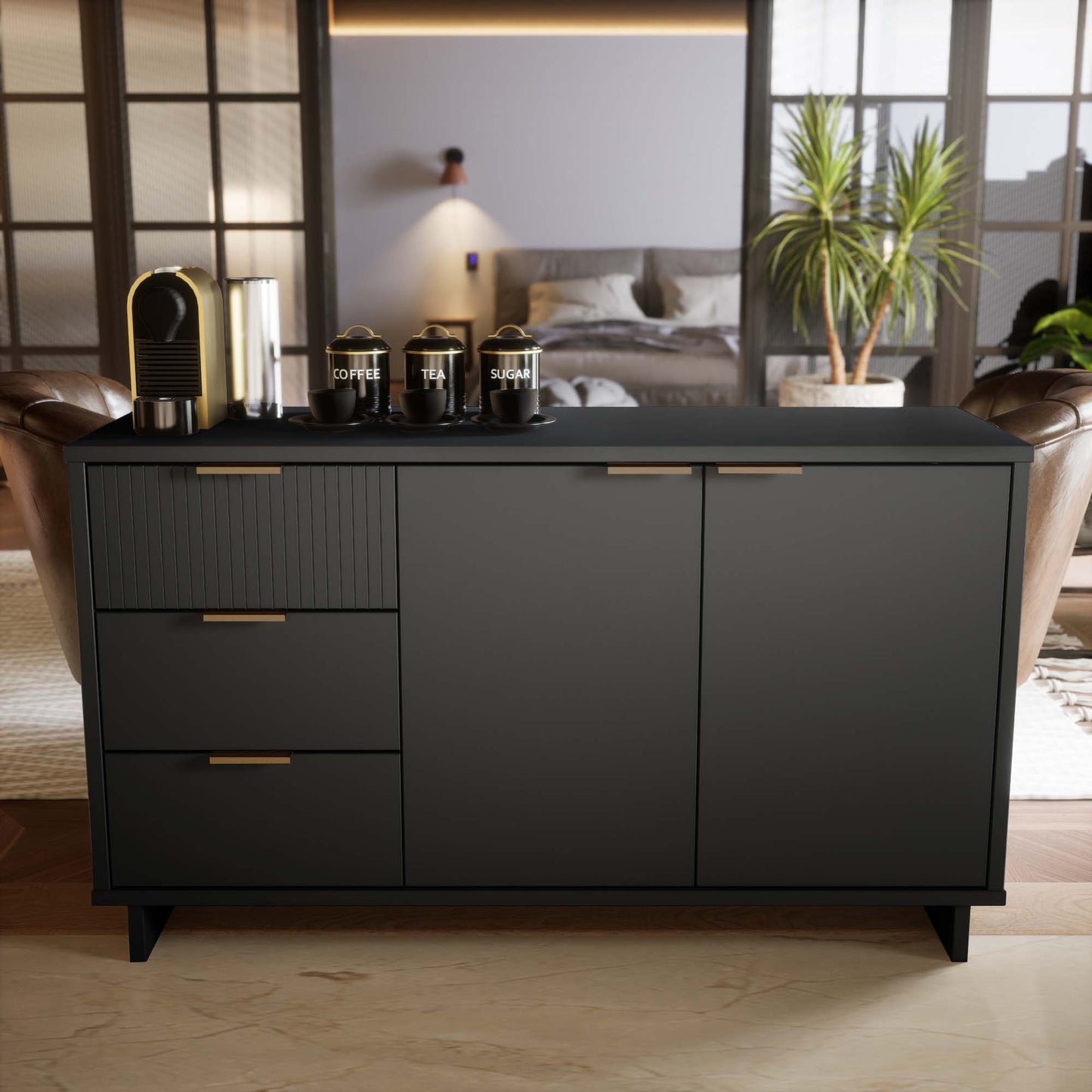Manhattan Comfort Granville 55.07" Modern Sideboard with 3 Full Extension Drawers in Dark Grey SB-5005
