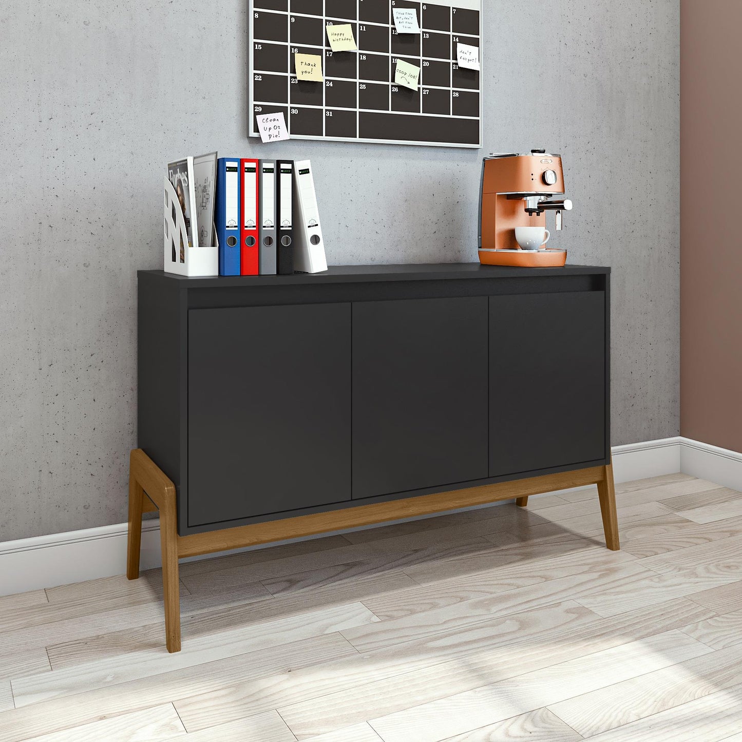 Manhattan Comfort Mid-Century Modern Gales 48.50 Sideboard with Solid Wood Legs in Matte Black SB-62676-BK