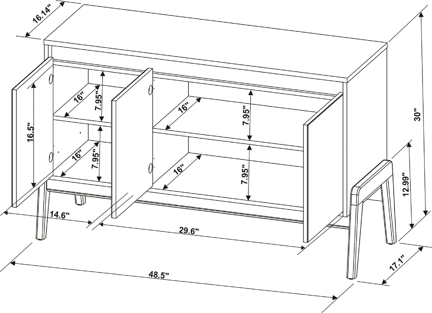 Manhattan Comfort Mid-Century Modern Gales 48.50 Sideboard with Solid Wood Legs in Matte Black SB-62676-BK