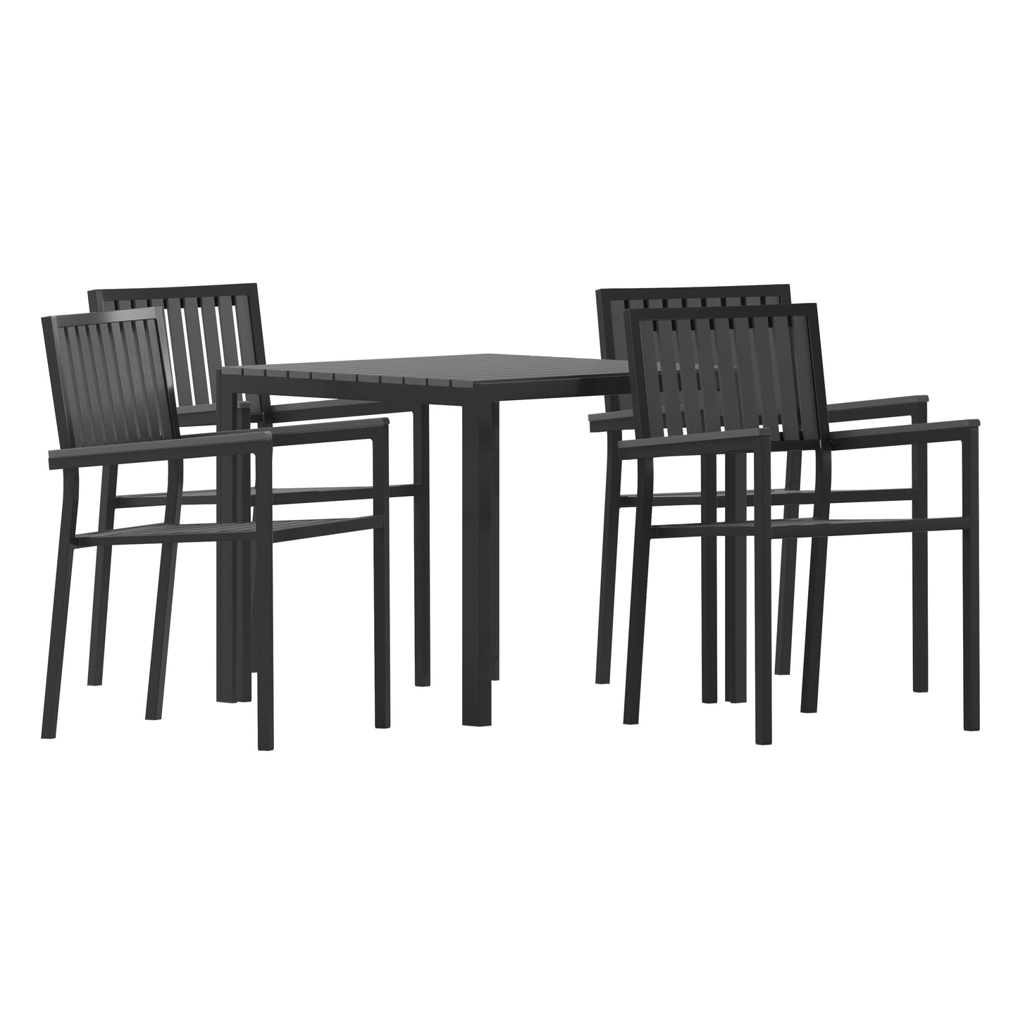 Harris 5 Piece Commercial Indoor/Outdoor Table and Chairs with Black Poly Resin Slatted Backs and Seats Black