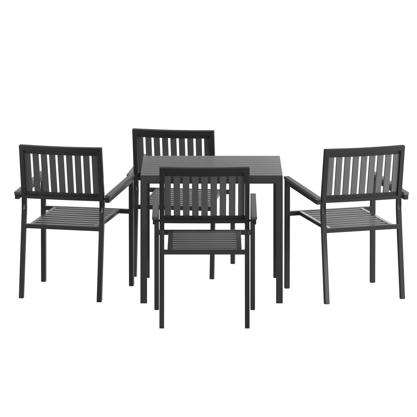 Harris 5 Piece Commercial Indoor/Outdoor Table and Chairs with Black Poly Resin Slatted Backs and Seats Black