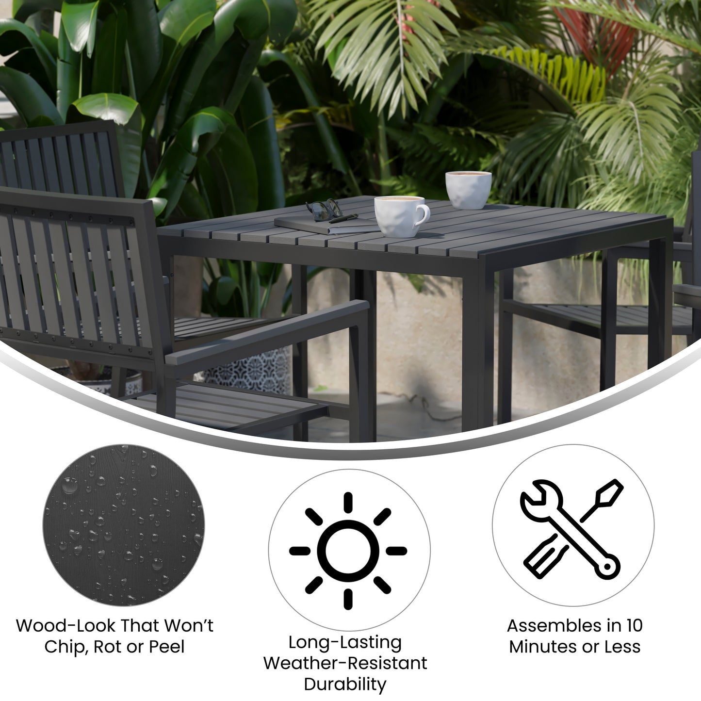 Harris 5 Piece Commercial Indoor/Outdoor Table and Chairs with Black Poly Resin Slatted Backs and Seats Black