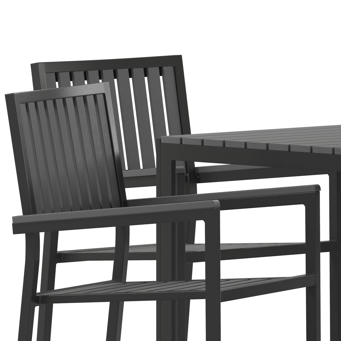 Harris 5 Piece Commercial Indoor/Outdoor Table and Chairs with Black Poly Resin Slatted Backs and Seats Black