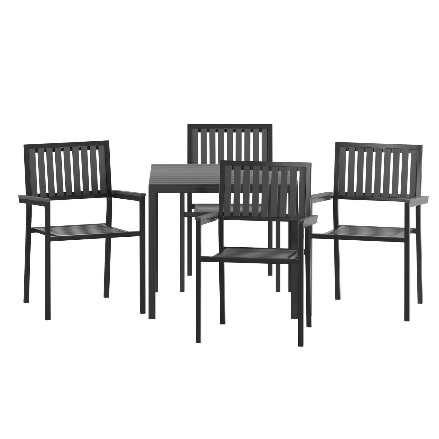 Harris 5 Piece Commercial Indoor/Outdoor Table and Chairs with Black Poly Resin Slatted Backs and Seats Black