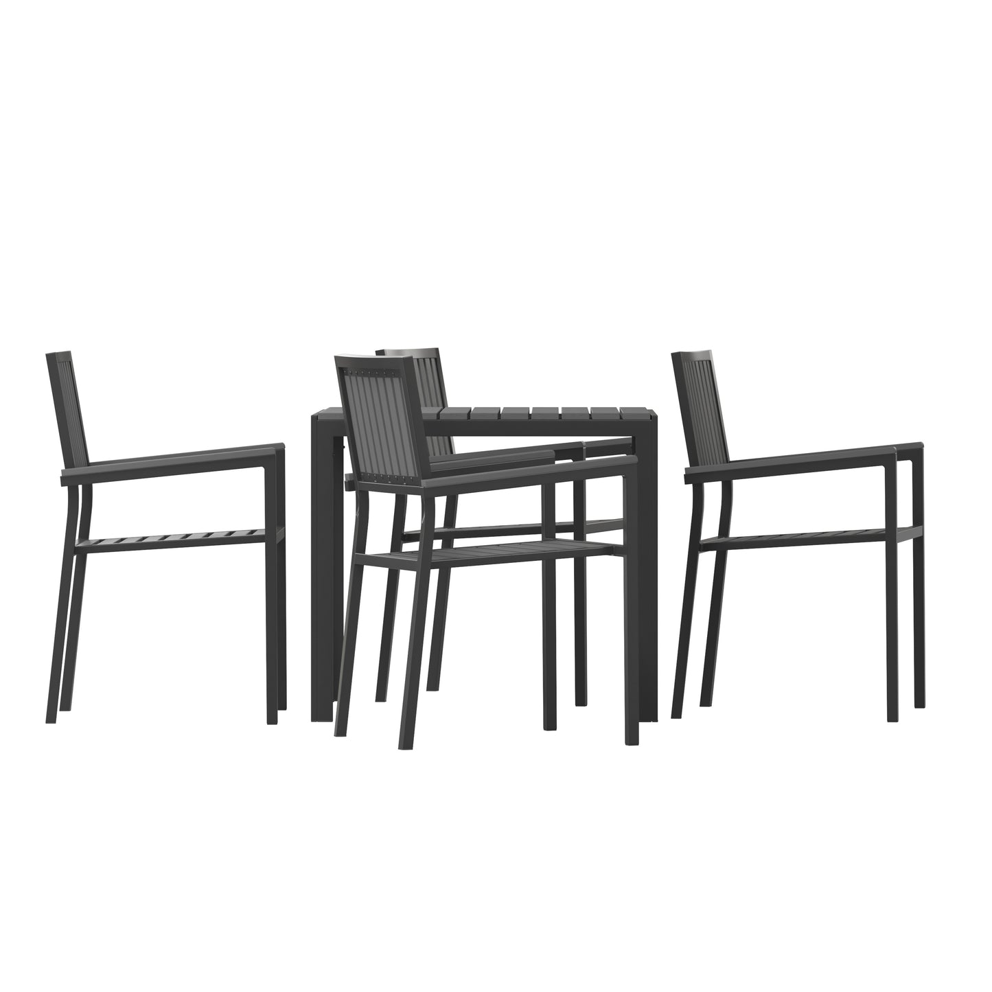Harris 5 Piece Commercial Indoor/Outdoor Table and Chairs with Black Poly Resin Slatted Backs and Seats Black