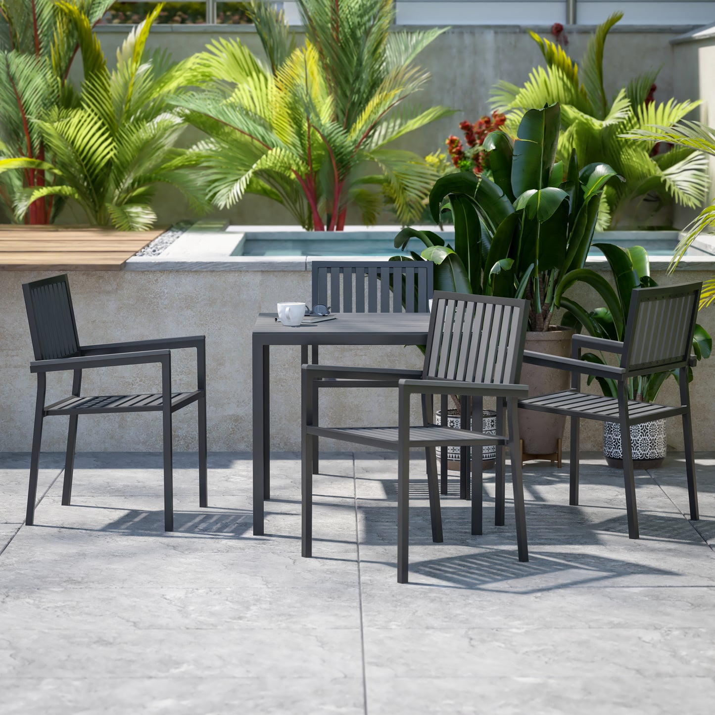 Harris 5 Piece Commercial Indoor/Outdoor Table and Chairs with Black Poly Resin Slatted Backs and Seats Black