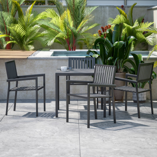 Harris 5 Piece Commercial Indoor/Outdoor Table and Chairs with Black Poly Resin Slatted Backs and Seats Black
