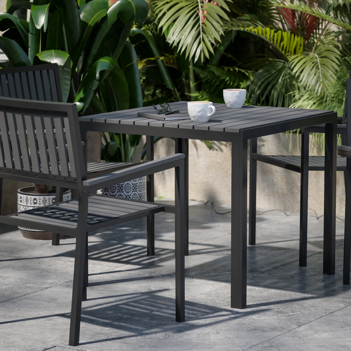 Harris 5 Piece Commercial Indoor/Outdoor Table and Chairs with Black Poly Resin Slatted Backs and Seats Black
