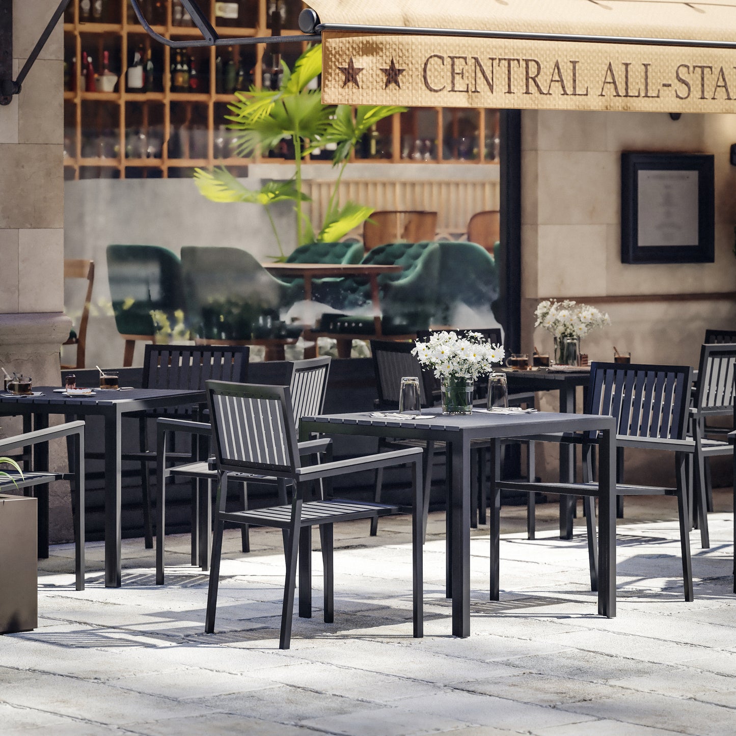 Harris 5 Piece Commercial Indoor/Outdoor Table and Chairs with Black Poly Resin Slatted Backs and Seats Black
