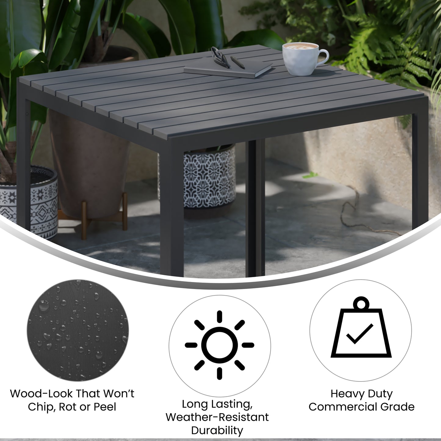 Harris Commercial Grade Indoor/Outdoor Black Square Steel Patio Dining Table for 4 with Black Poly Resin Slatted Top Black Top/Black Frame