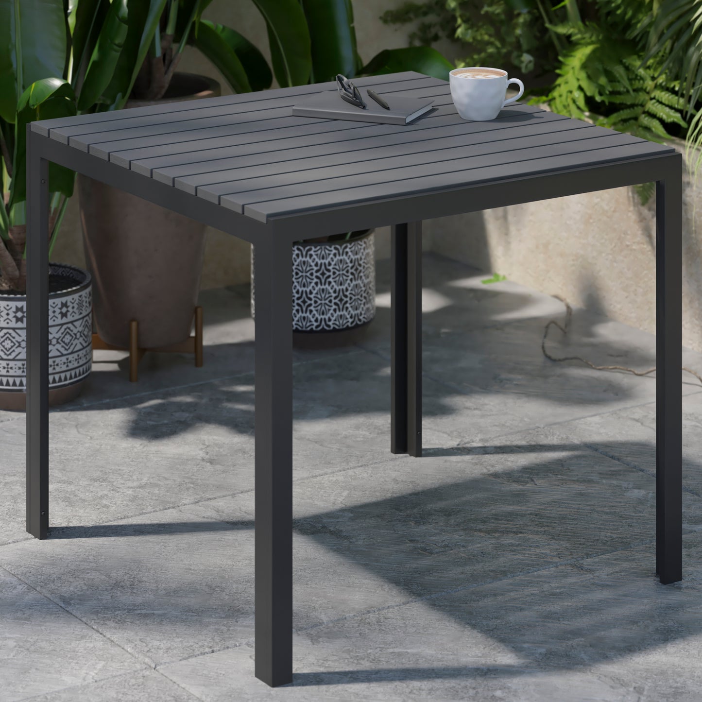 Harris Commercial Grade Indoor/Outdoor Black Square Steel Patio Dining Table for 4 with Black Poly Resin Slatted Top Black Top/Black Frame