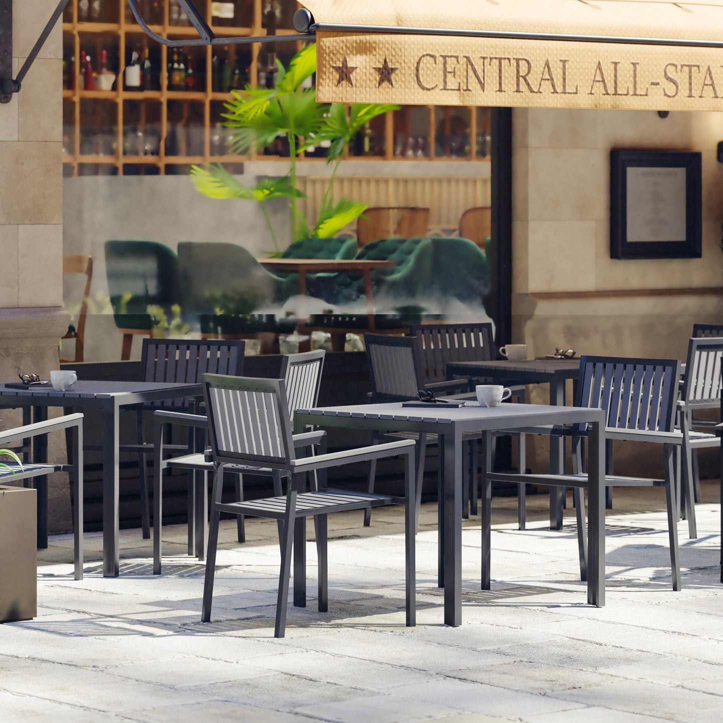 Harris Commercial Grade Indoor/Outdoor Black Square Steel Patio Dining Table for 4 with Black Poly Resin Slatted Top Black Top/Black Frame