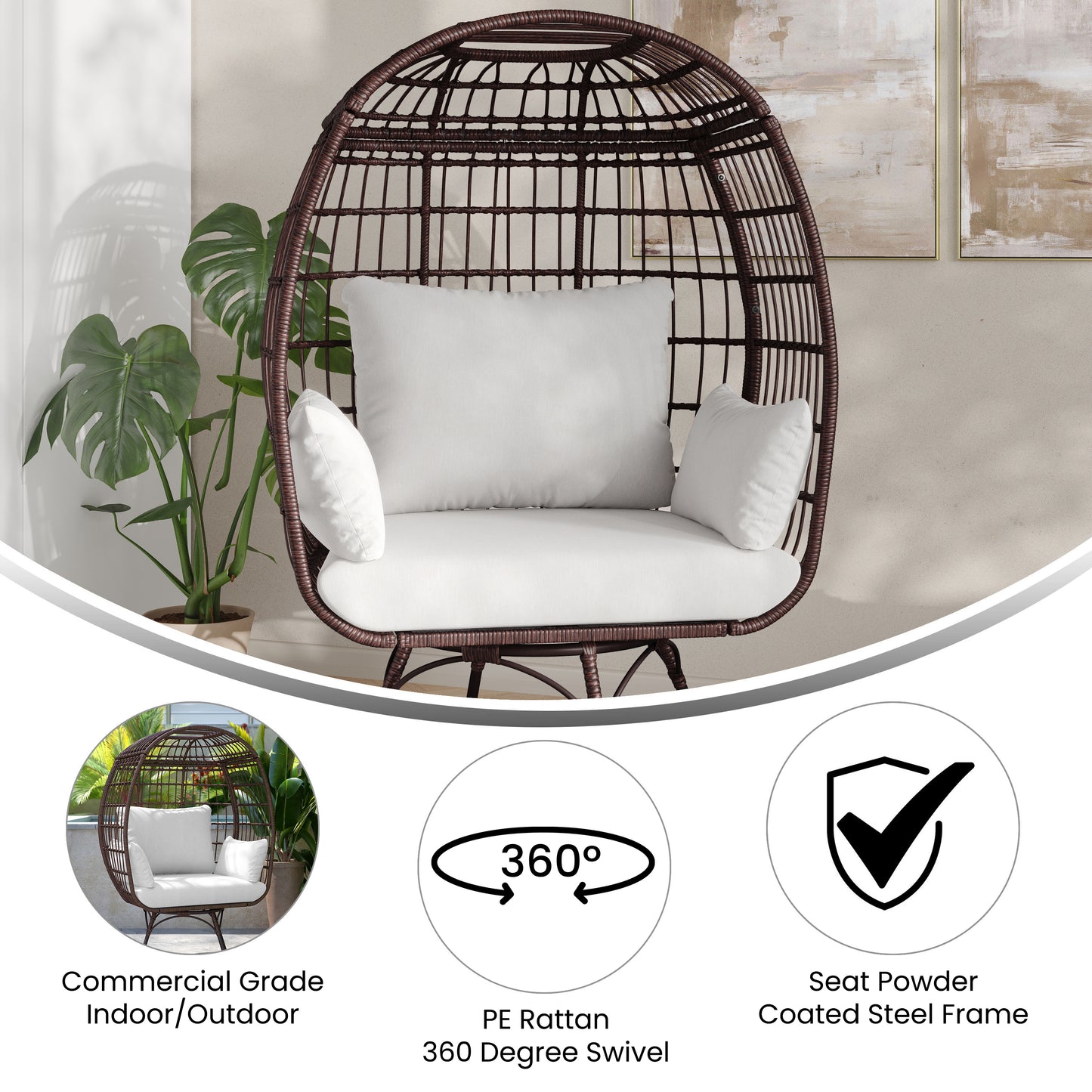 Zola Commercial Brown/Cream Indoor/Outdoor Oversized Wicker Egg Swivel Lounge Chair with 4 Cushions for Living Room, Patio, and Backyard Use Cream Cushions/Brown Frame