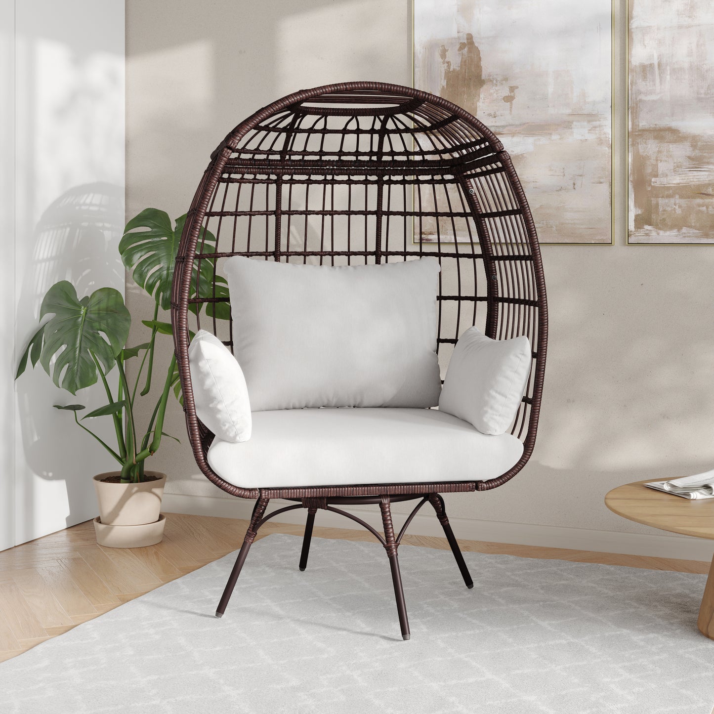 Zola Commercial Brown/Cream Indoor/Outdoor Oversized Wicker Egg Swivel Lounge Chair with 4 Cushions for Living Room, Patio, and Backyard Use Cream Cushions/Brown Frame