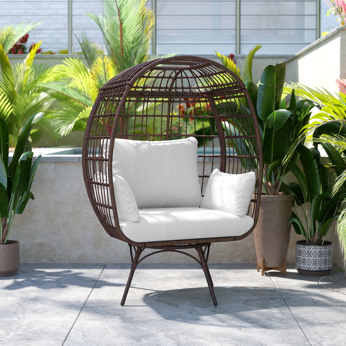 Zola Commercial Brown/Cream Indoor/Outdoor Oversized Wicker Egg Swivel Lounge Chair with 4 Cushions for Living Room, Patio, and Backyard Use Cream Cushions/Brown Frame
