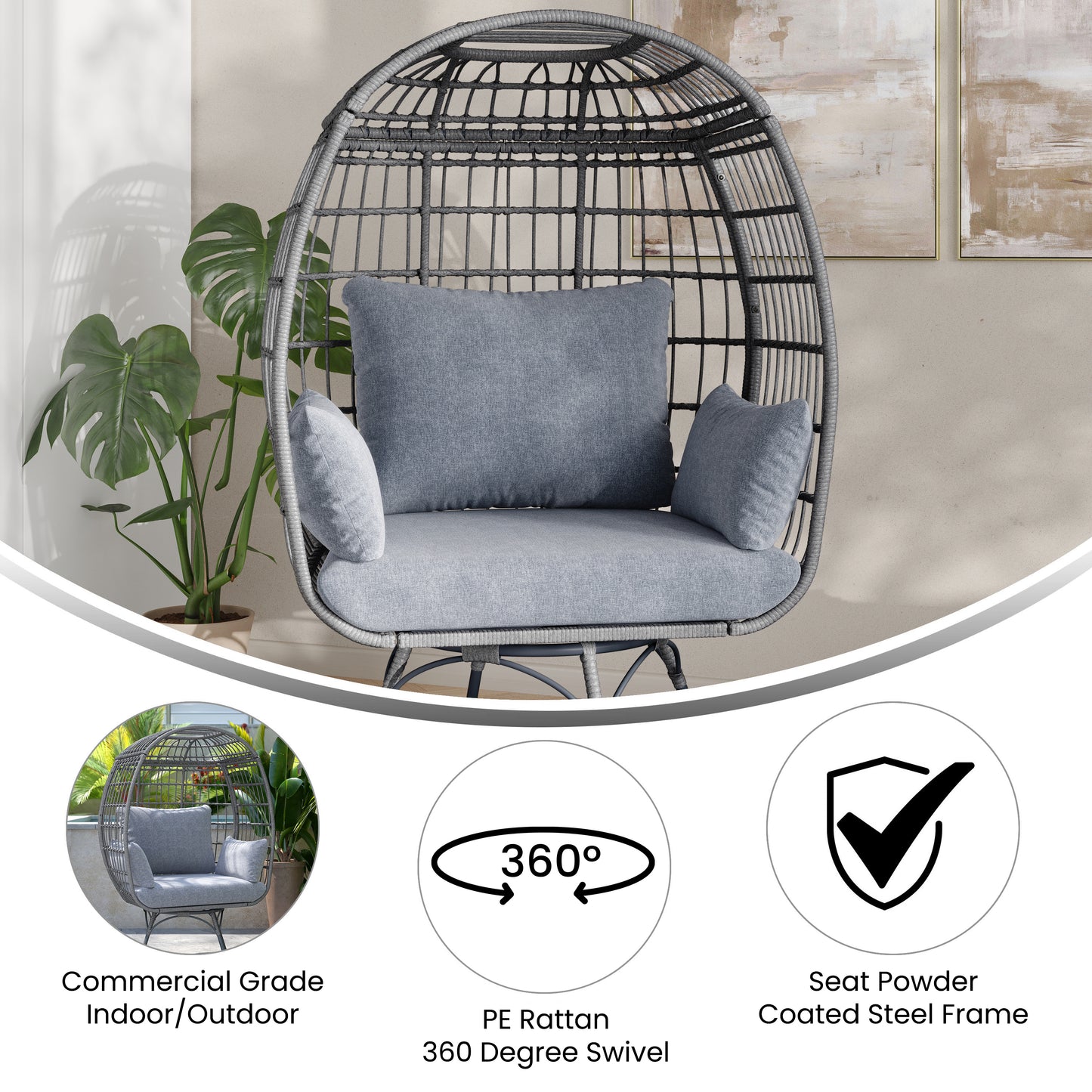 Zola Commercial Gray Indoor/Outdoor Oversized Wicker Egg Swivel Lounge Chair with 4 Cushions for Living Room, Patio, and Backyard Use Gray Cushions/Gray Frame