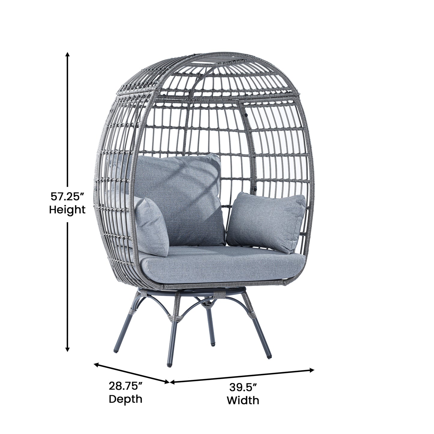 Zola Commercial Gray Indoor/Outdoor Oversized Wicker Egg Swivel Lounge Chair with 4 Cushions for Living Room, Patio, and Backyard Use Gray Cushions/Gray Frame