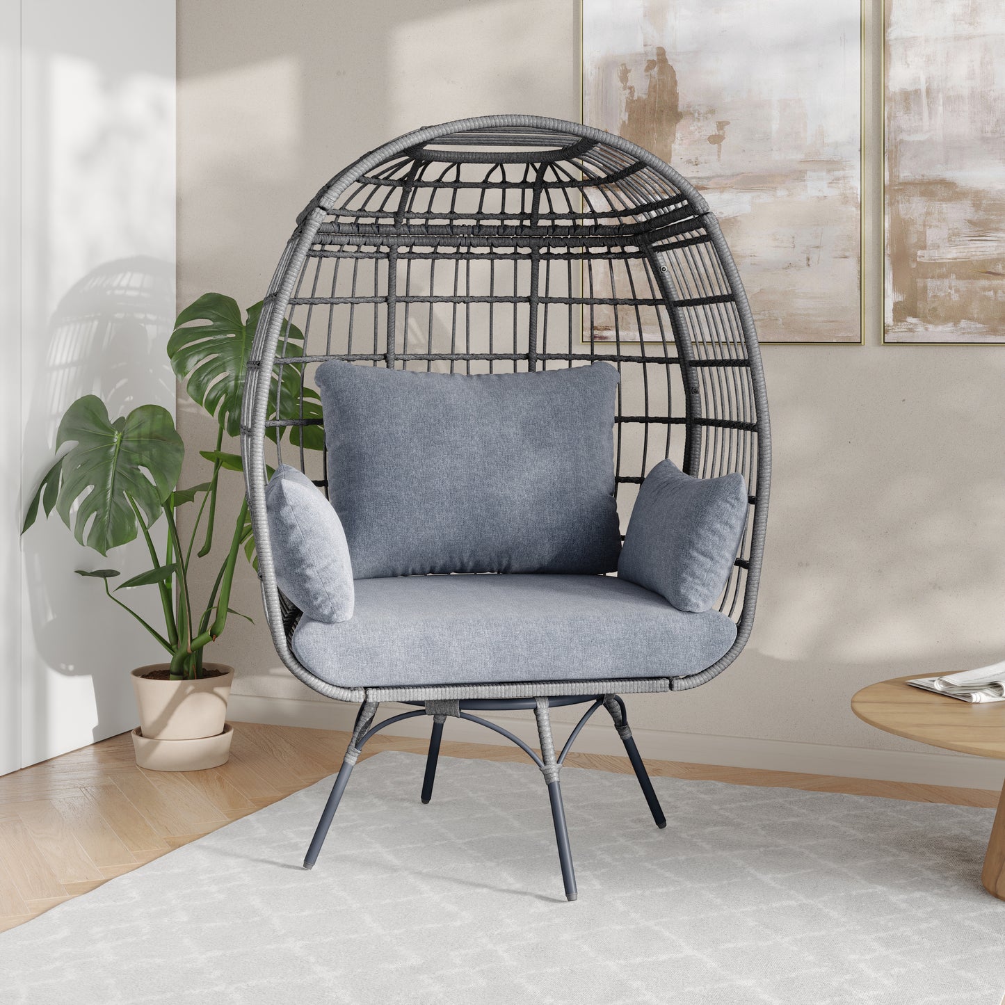 Zola Commercial Gray Indoor/Outdoor Oversized Wicker Egg Swivel Lounge Chair with 4 Cushions for Living Room, Patio, and Backyard Use Gray Cushions/Gray Frame