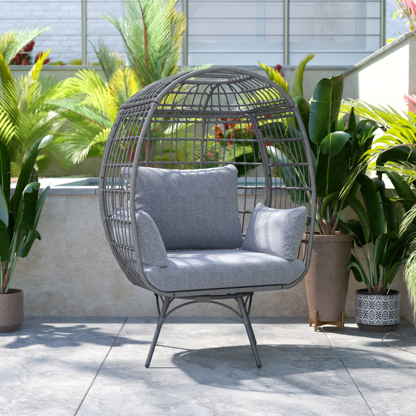 Zola Commercial Gray Indoor/Outdoor Oversized Wicker Egg Swivel Lounge Chair with 4 Cushions for Living Room, Patio, and Backyard Use Gray Cushions/Gray Frame