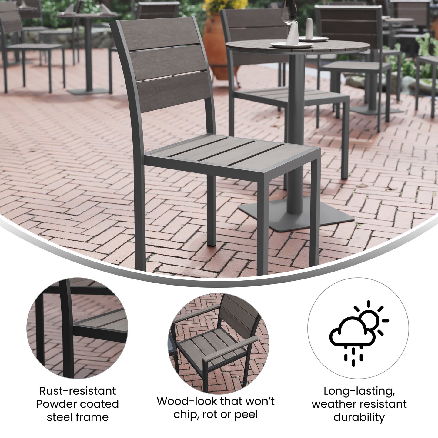 Finch Commercial Grade Armless Patio Chair, Stackable Side Chair with Faux Teak Poly Slats and Metal Frame, Gray/Gray Gray