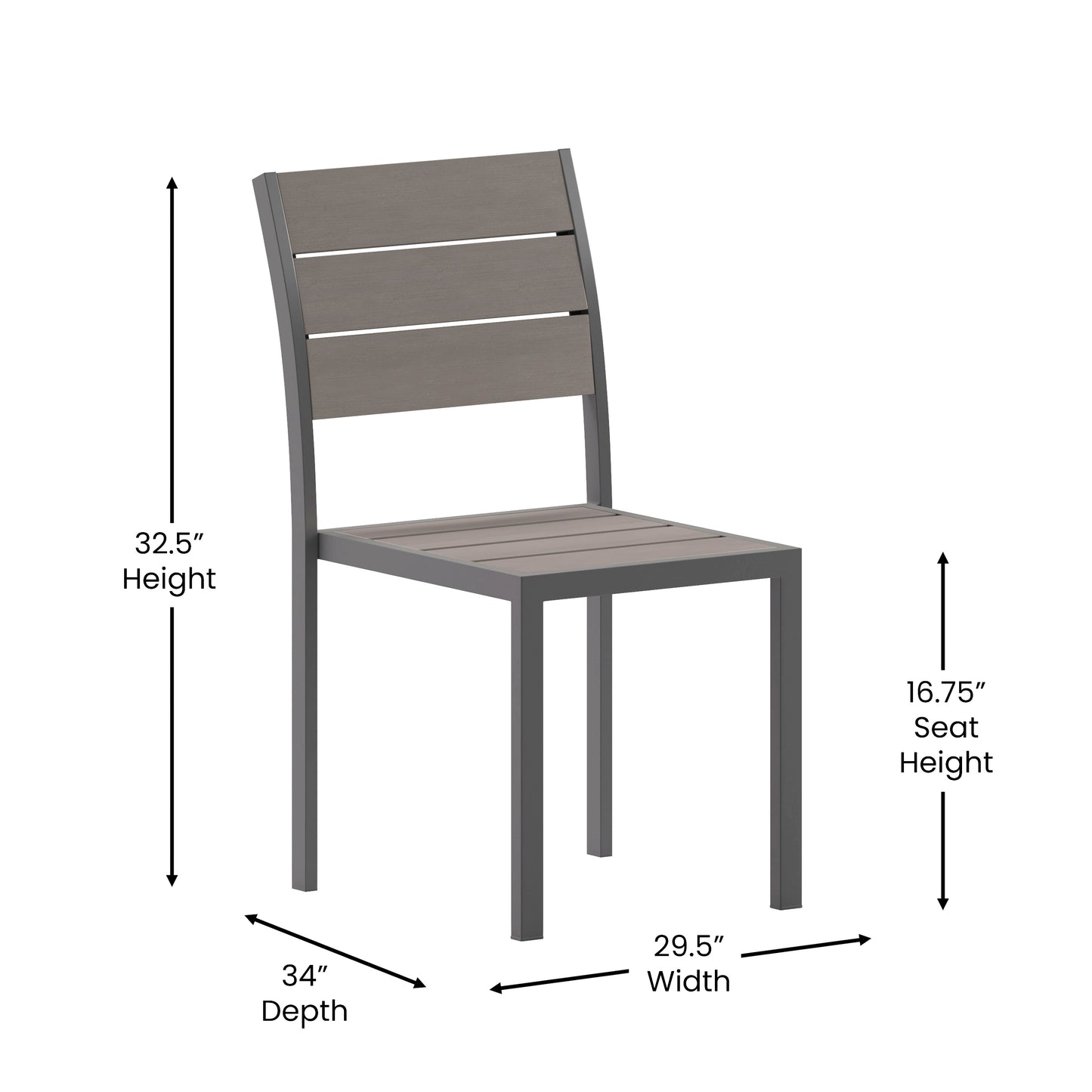 Finch Commercial Grade Armless Patio Chair, Stackable Side Chair with Faux Teak Poly Slats and Metal Frame, Gray/Gray Gray