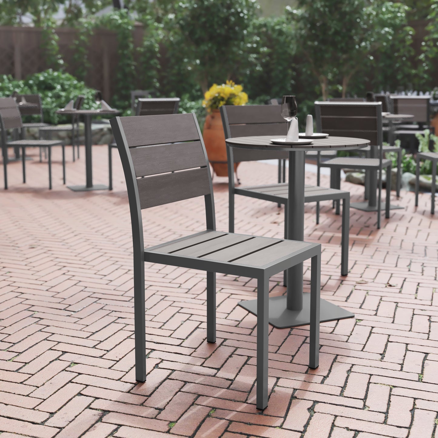 Finch Commercial Grade Armless Patio Chair, Stackable Side Chair with Faux Teak Poly Slats and Metal Frame, Gray/Gray Gray