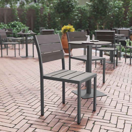 Finch Commercial Grade Armless Patio Chair, Stackable Side Chair with Faux Teak Poly Slats and Metal Frame, Gray/Gray Gray
