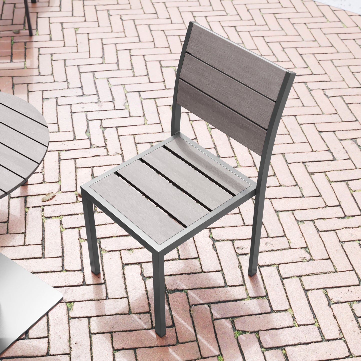 Finch Commercial Grade Armless Patio Chair, Stackable Side Chair with Faux Teak Poly Slats and Metal Frame, Gray/Gray Gray